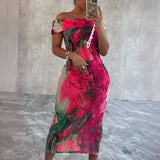 ZJKRL -  Summer Women Print Slash Neck Bodycon Long Maxi Dress Short Sleeve Sexy Split Night Club Party Evening Vestido Dresses