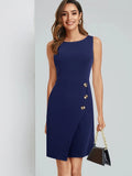 Zjkrl  -  Nice-forever Summer Women Elegant Round Neck Plain Work Dresses Business Office Vintage Pencil Dress B705