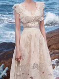 Zjkrl  -  holiday outfits Boho Summer Vintage Solid Sundress Women Lace Beach Sleeveless Runway Party Sexy Dresses Embroidery Dress Woman Backless