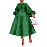 ZJKRL -  Elegant Satin Lantern Sleeve Party Maxi Dress Women Solid Button Down Shirt Evening Wedding Long Dress Women