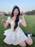 Zjkrl  -  High Waist Dress Women Summer Floral Sweet Square Collar Puff Sleeve Princess Girlish Tender Elegant Korean Style Preppy Chic