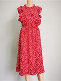 Zjkrl  -  Summer Ladies Elegant Dot Print Chic Dress Women Casual Butterfly Sleeve Ruffles Medium Long Chiffon Dress
