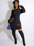 GUWU Sexy Hollow Out Hole Mesh Sheer Patchwork Sweater Dresses Women Long Sleeve Elegant Elastic Knit Rib Mini Club Party Dress