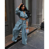 Zjkrl  -  Solid Loose Casual Denim 2 Piece Set Women Autumn Stand Collar Zipper Jacket High Waist Pocket Wide Leg Pants Hipster Streetwear
