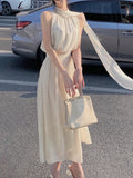 2024 Summer Elegant Vintage Dress Women White Design Party Slim One Piece Dress Koraen Casual Fairy White Beach Sleeveless Dress