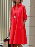 ZJKRL -  Solid Color Shirt Dress for Women Cotton-blended Long Sleeves Midi Dress 2025 Buttoned Loose Fit Commuter Outerfits
