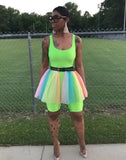 ZJKRL -  Summer Women Rainbow Print Mesh Mini Skirt Suit and Neon Green O Neck Rompers Matching Two 2 Piece Set Outfit with Belt