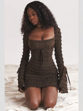 Zjkrl - Elegant Multilayer Lace Backless Mini Dress Women Brown Square Collar Long Flare Sleeve Club Party Sexy Dress Autumn