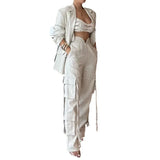 Zjkrl  -  holiday outfits Apricot Top & Wide Leg Pants Set Elegant Women Lace Up Wide Leg Pant Sets Two Piece Suit Spring Summer High Waist Trousers Suit