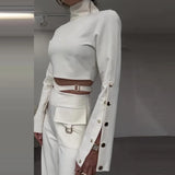 Zjkrl  -  holiday outfits Women Pant Set Solid Two Piece Sets Turtleneck Full Sleeve Tops Sexy Wide Leg Long Pants Loose Casual Regular Splice