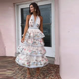 Zjkrl  -  Beach Print Halter Dress Women Summer Fluffy Sleevelss Backless Princess Dress Female Fashion Holiday Lady Long Robe