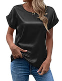 Zjkrl  -  holiday outfits Elegant Women's Blouse Solid Tees Summer Lady Short Sleeve Satin Shirt Loose Casual Round Neck T-shirt Tops S-XXL
