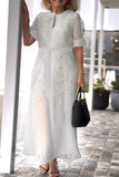 ZJKRL -  Elegant Lace Maxi Dress Women Solid Hollow Out Button Down Shirt Lace Party Evening Long Dress Women