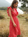 Zjkrl  -  Summer Ladies Elegant Dot Print Chic Dress Women Casual Butterfly Sleeve Ruffles Medium Long Chiffon Dress