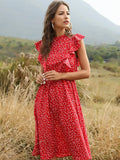 Zjkrl  -  Summer Ladies Elegant Dot Print Chic Dress Women Casual Butterfly Sleeve Ruffles Medium Long Chiffon Dress