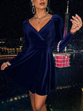 Zjkrl - Elegant Velvet V Neck Plain A Line Flare Dress Long Sleeve Surplice Neck Nipped Waist Medium Stretch Mini Wrap Skirt