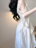 White Korean Elegant Dress Women 2024 Summer Chiffon Vintage Fairy Dresses Female Ruffles Korean Style Fashion Princess Dresses