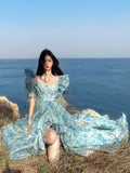 ZJKRL -  Summer New French Style Watercolor Painting Puff Sleeve Slimming Elegant Women's Chiffon Dress Fragmented Pattern Z669