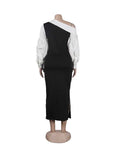 ZJKRL -  Women Sexy Spring Dresses with White Diagonal Collar Slim Fit Dress Long Sleeves Black Elegant Dress with Slit