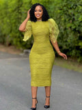 ZJKRL -  Elegant Dresses for Women Ruffle Sleeve Dress Knee Length Wave Print Sexy Summer Light Dress Birthday