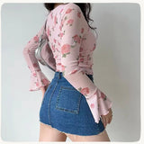 Zjkrl  -  holiday outfits  Summer Women Floral Printed Sweet Holiday T-shirts Mesh Beach Tees Top Flare Sleeve Square Collar Lace Up Shirt