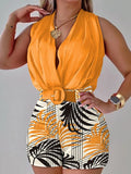 ZJKRL -  Short Sets for Women 2 Pieces Solid Halter Neck Top and Shorts with Belt Summer Sexy Office Wears for Ladies Outfits Elegant