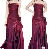 ZJKRL  -  Custom Sexy Wine Red Spaghetti Strap Satin Prom Gowns Tiered 3D Flowers Sleeveless Party Dress Women vestidos de festa