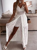 Zjkrl  -  Summer V Neck Solid Color Lace Hollow-Out Sleeveless Sling Party Wear High Waist Rompers Holiday Casual White Women's Jumpsuit
