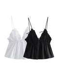 Zjkrl  -  holiday outfits Poplin Bowknot White Cute Crop Tops Women Summer Sleeveless V Neck Tanks Camis Sexy Backless Ruffles Black Camis
