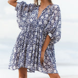 Zjkrl - Autumn Boho Women Dresses Casual Loose Waist V-neck Lantern Sleeve Mini Dress Fashion Ladies Elegant Floral Print Party Vestidos