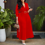 ZJKRL -  NEW Spring Casual Pleated Party Maxi Dress Women Solid V Neck Ruched Club Evening Street Wear Long Dress with Belt