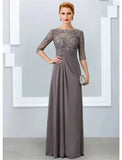 Zjkrl  -  A-line Gray Mother of the Bride Dress Elegant Jewel Neck Floor Length Chiffon Half Sleeves Appliques Lace Wedding Party Gowns