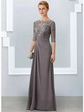 Zjkrl  -  A-line Gray Mother of the Bride Dress Elegant Jewel Neck Floor Length Chiffon Half Sleeves Appliques Lace Wedding Party Gowns