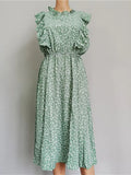 Zjkrl  -  Summer Ladies Elegant Dot Print Chic Dress Women Casual Butterfly Sleeve Ruffles Medium Long Chiffon Dress