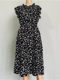 Zjkrl  -  Summer Ladies Elegant Dot Print Chic Dress Women Casual Butterfly Sleeve Ruffles Medium Long Chiffon Dress