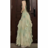 ZJKRL -  Mint Mambo Vacation Style Green Suspenders Dress Female Summer Ruffles Cinched Slimming Long Skirt