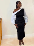 ZJKRL -  Women Sexy Spring Dresses with White Diagonal Collar Slim Fit Dress Long Sleeves Black Elegant Dress with Slit