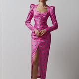 Sexy Square Collar Women Elegant Dresses Floral Print Long Sleeve High Waist Fold Slim Ladies Party Dress Spring Autumn Vestidos