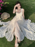 Summer Beige Elegant Embroidered Ruffle Edge Slip Dress Women Temperament Square Collar Backless Pleated Long Sundress Vestidos