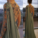 Zjkrl  -  Arabic One Shoulder Olive Green Muslim Evening Dress With CapeProm Pure Color Islamic O-Neck Pageant Gowns Custom Robe De Soiree