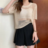Zjkrl  -  Women Chic Short Sleeved Knit T-shirt Casual Beach Slim Tops O-Neck Sexy Hollow Out Knitting Shirt For Women Summer