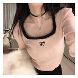Zjkrl  - holiday outfits Winter Women Butterfly Embroidered T-shirts Square Neck  Long Sleeve Patchwork Y2K T-Shirts Autumn Women Casual Tees
