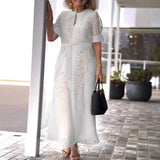 ZJKRL -  Elegant Lace Maxi Dress Women Solid Hollow Out Button Down Shirt Lace Party Evening Long Dress Women