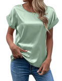 Zjkrl  -  holiday outfits Elegant Women's Blouse Solid Tees Summer Lady Short Sleeve Satin Shirt Loose Casual Round Neck T-shirt Tops S-XXL