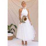 ZJKRL -  Elegant Pleated Mesh Maxi Wedding Dress Women Solid Halter High Waist Sleeveless Party Cocktail Bridesmaid Long Dresses
