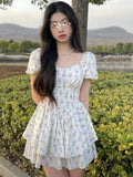 Zjkrl  -  High Waist Dress Women Summer Floral Sweet Square Collar Puff Sleeve Princess Girlish Tender Elegant Korean Style Preppy Chic