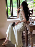 ZJKRL -  New Summer French Fashion Women Spaghetti Strap Elegant Long Mermaid Ruffles Dresses Evening Party Prom Clothes