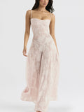 Women Elegant Spaghetti Strap Long Dress Floral Lace Sleeveelss Sling Backless Lace-up Summer Beach Holiday Sundress
