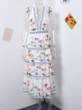 Zjkrl  -  Beach Print Halter Dress Women Summer Fluffy Sleevelss Backless Princess Dress Female Fashion Holiday Lady Long Robe