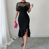 ZJKRL -  Sexy Mesh Spliced Women Fishtail Dress 2025 Stylish Jacquard Irregular Hem Midi Vestidos Evening Party Female Black O-Neck Dress
